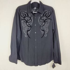 New Helix black button up Size Medium long sleeve velvet graphic Y2K Western